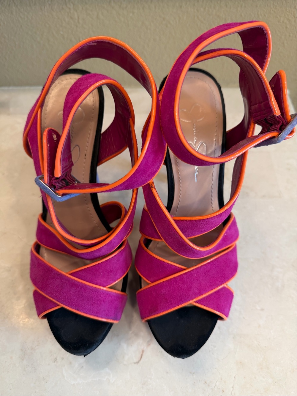 Jessica Simpson Vibrant Pink and Purple Suede Strappy Heels with Orange Trim